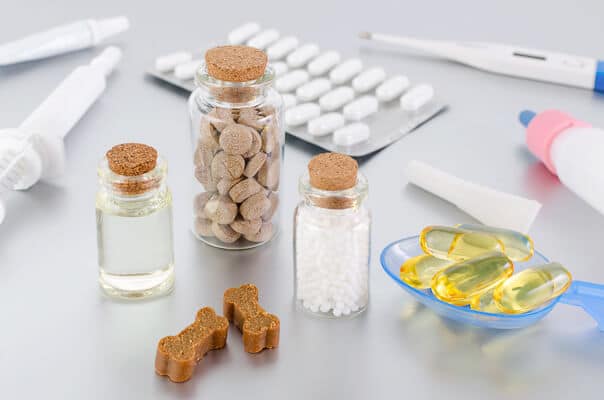 medicines in glass jars and various pill formats