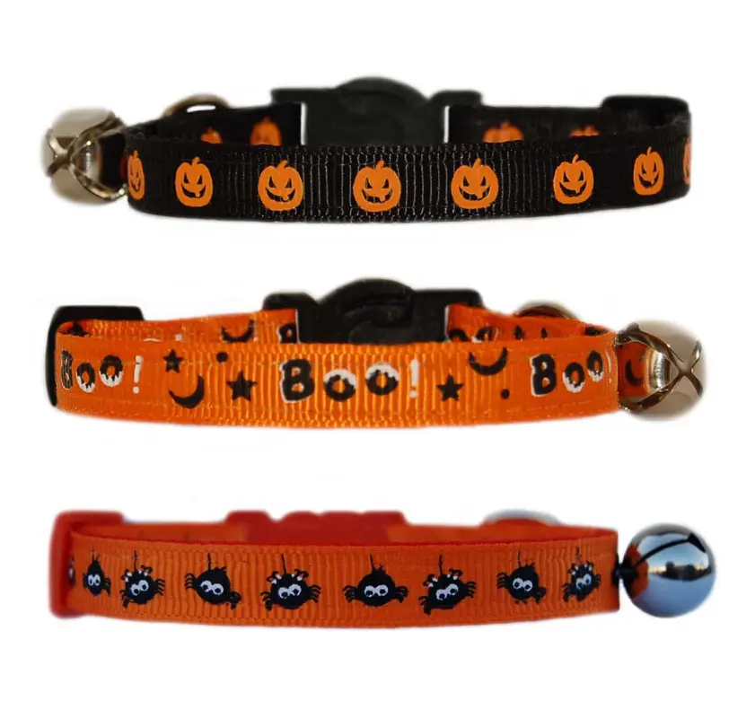 4 Pieces Halloween Cat Collar Breakaway Cat Collars with Bell and Removable Flowers Pumpkin Ghost Dog Collars Quick Release Adjustable Pet Collar with Spider Bat Accessories for Cat Halloween Party 