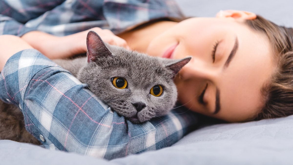 Woman asleep with grey cat in arms.