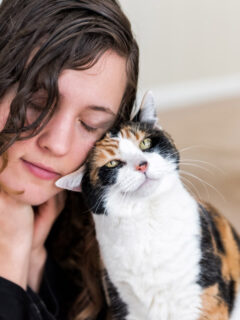woman and tabby cat with heads together